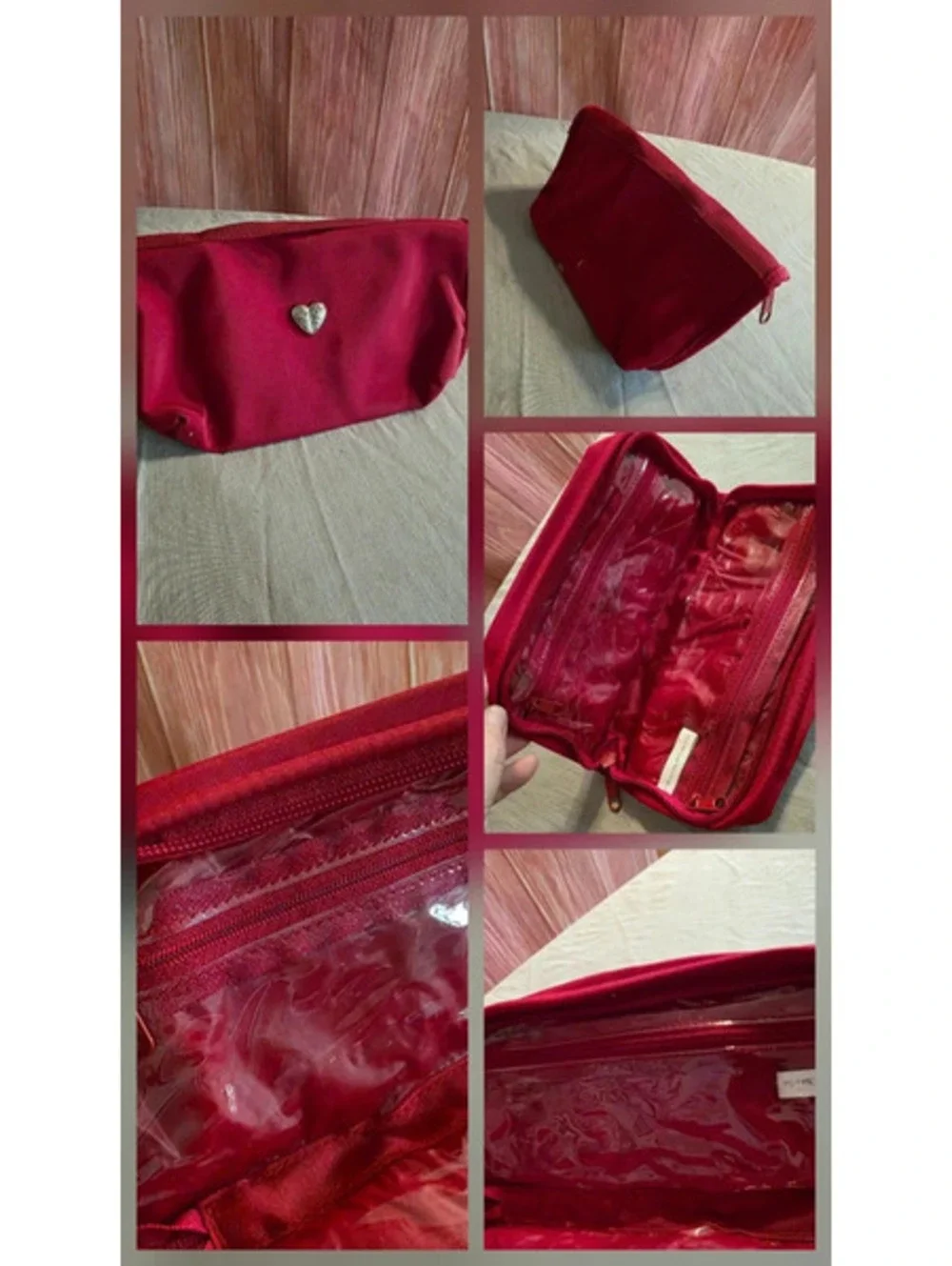 Red Nylon Cosmetic Travel Pouch w/ Silver Heart & Clear Zip Pockets